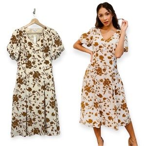 Baltic Born Camel Brown Cream Floral Adele Fall Midi Dress Size Large L